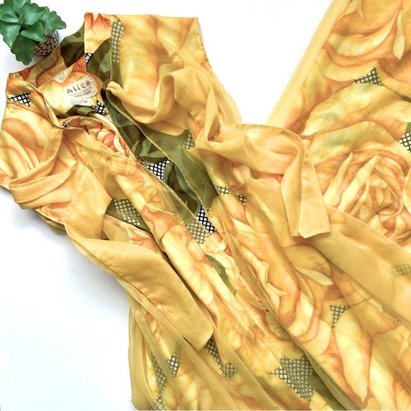 Vintage 1960s Alice Polynesian Chiffon Maxi Dress Hawaiian Yellow Floral Muumuu - Picture 3 of 16